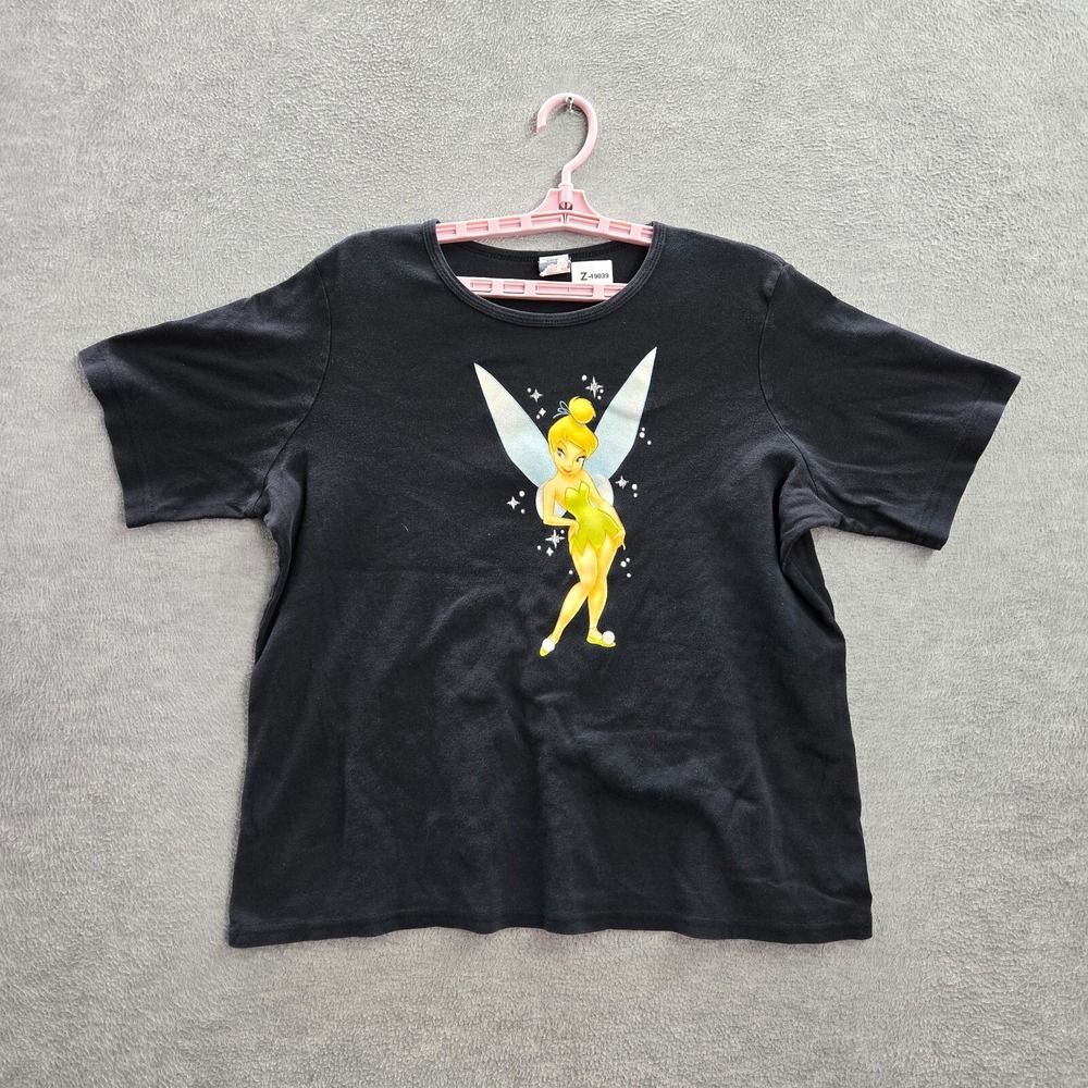 VINTAGE Disney Women Top 2XL Black Shirt Tinkerbell Logo Graphic Crew Neck Tee